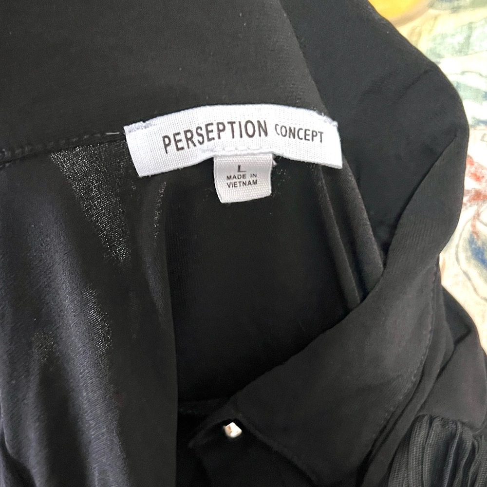 Perseption Concept,Black Button Blouse Pleated Sheer Mesh Sleeved Top, Size L - Picture 5 of 11